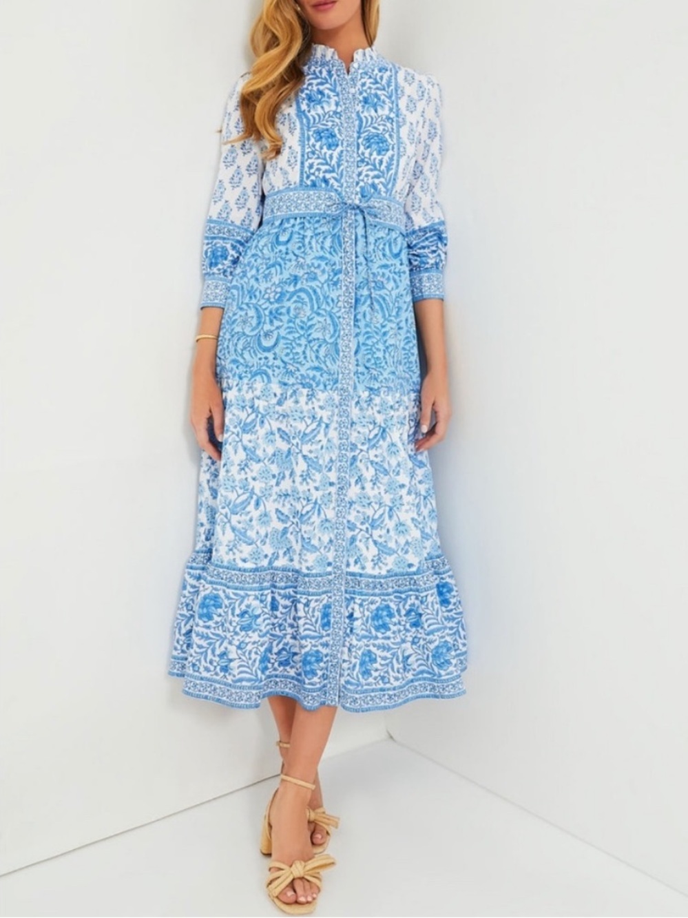 PINK CITY PRINTS Tuckernuck Blue Ocean Mix Gemma Block Print Midi Shirt Dress XS